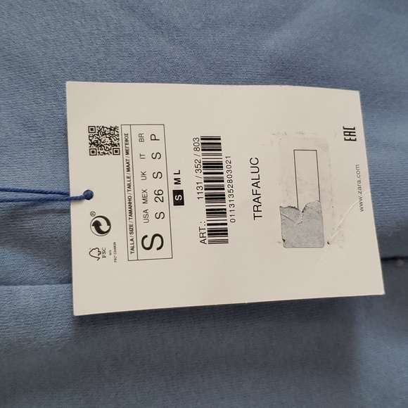 Zara women’s cotton/poly blend top w/bell sleeves grey, blue & white size S NWTS - Picture 5 of 9